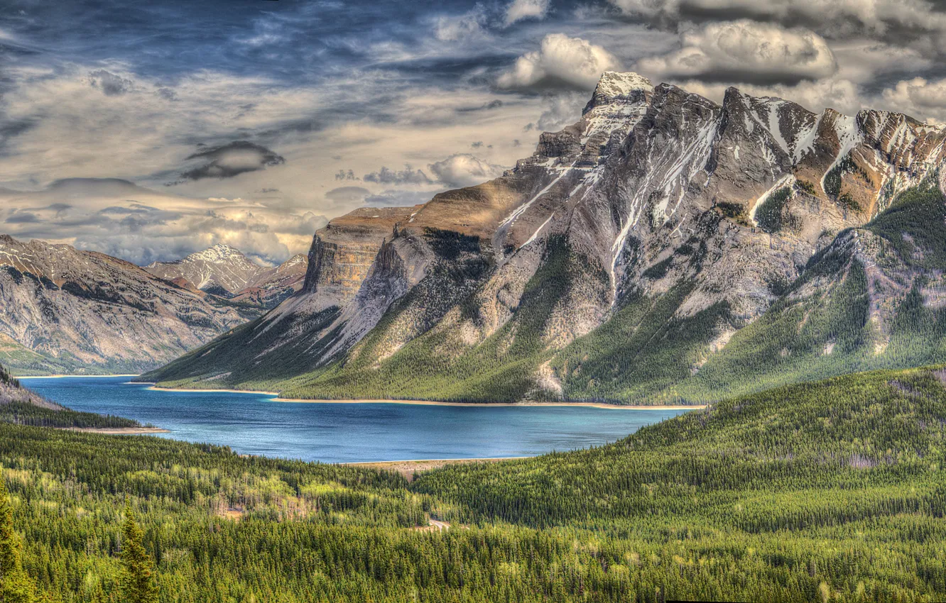 Photo wallpaper the sky, trees, mountains, clouds, lake