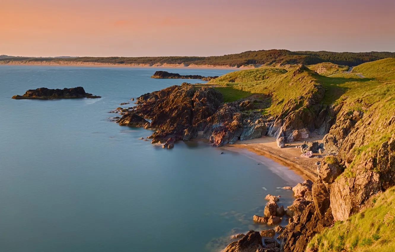Photo wallpaper sea, the sky, sunset, stones, rocks, shore, Bay