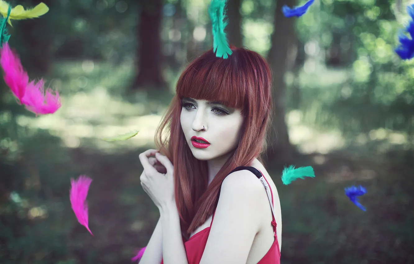 Photo wallpaper feathers, colorful, the red-haired girl