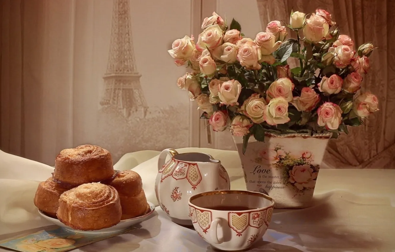Photo wallpaper tea, roses, bouquet, Cup, buns, Zdoba