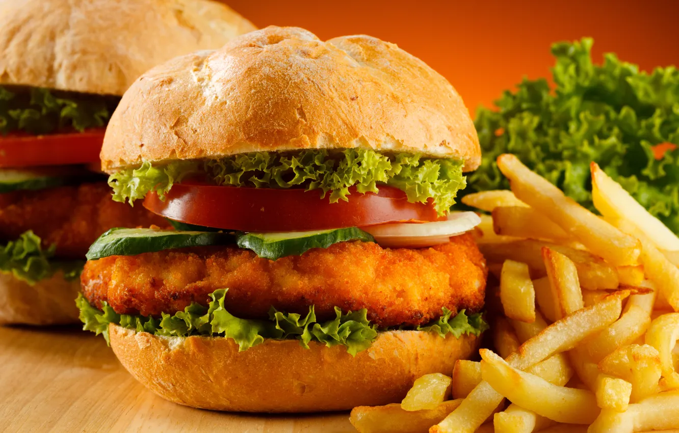 Photo wallpaper table, background, tomatoes, hamburger, cucumbers, salad, French fries