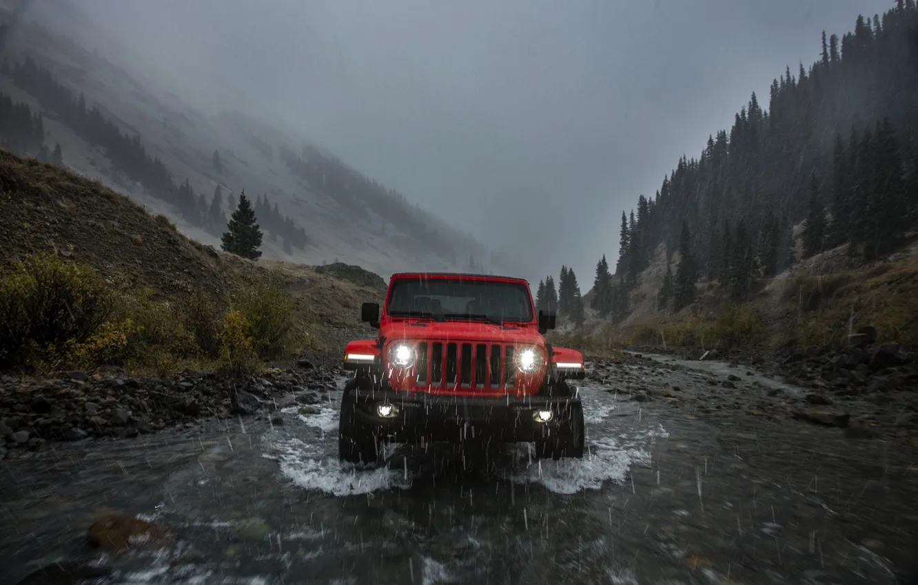Photo wallpaper light, red, rain, front view, 2018, Jeep, Wrangler Rubicon