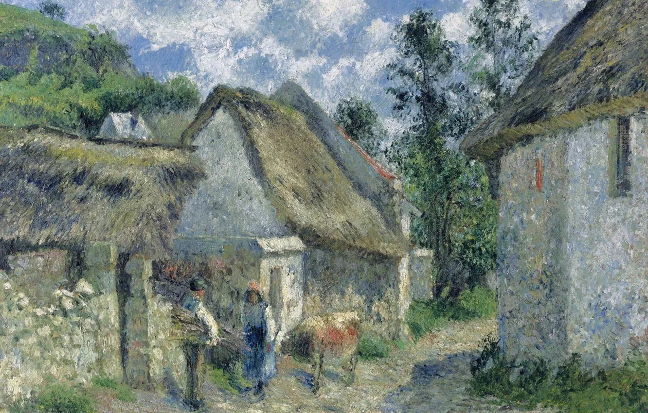 Photo wallpaper house, picture, the urban landscape, Camille Pissarro, A street in Auvers Thatched Hut and a …