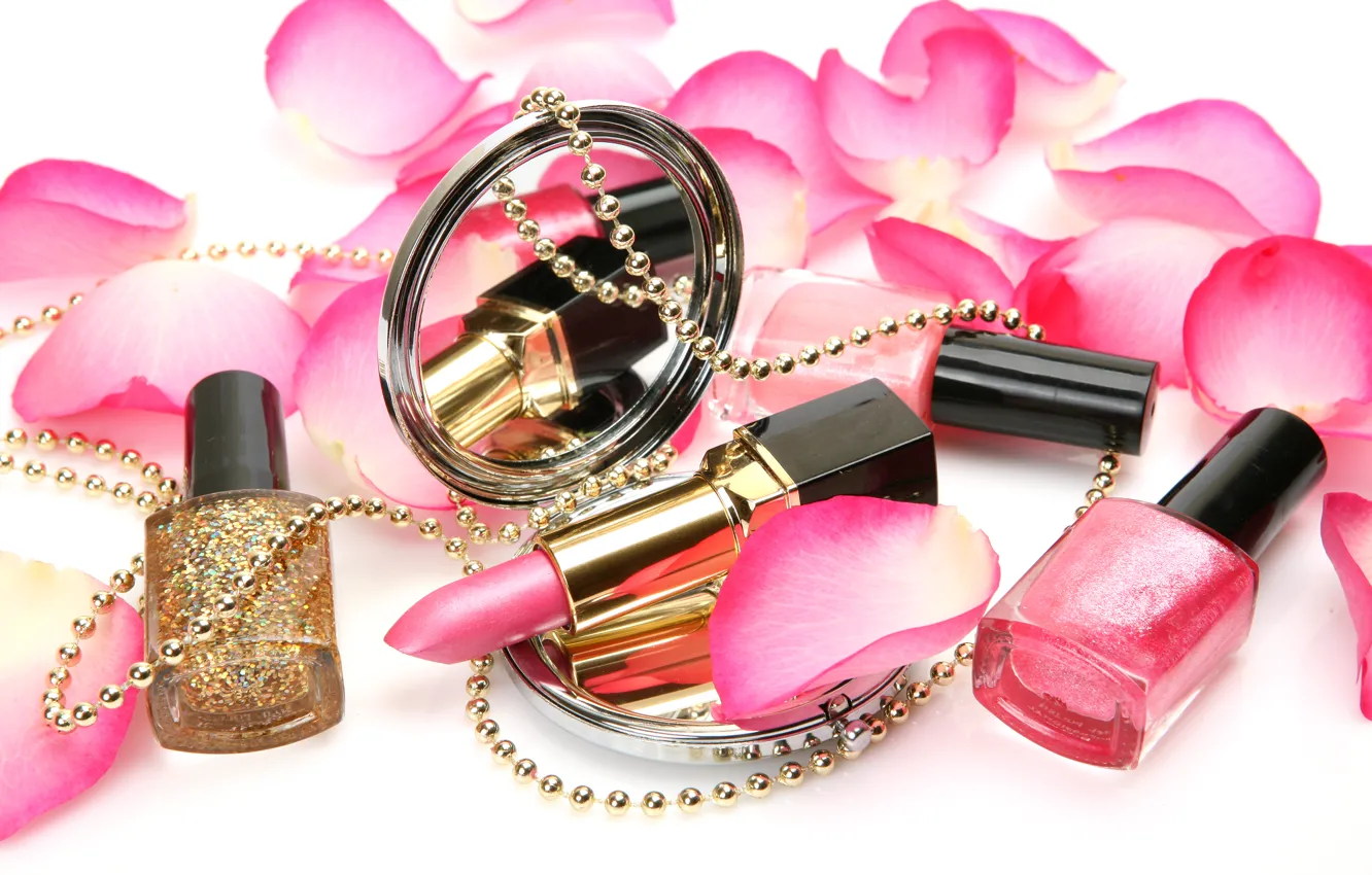Photo wallpaper decoration, roses, petals, sequins, mirror, lipstick, beads, cosmetics