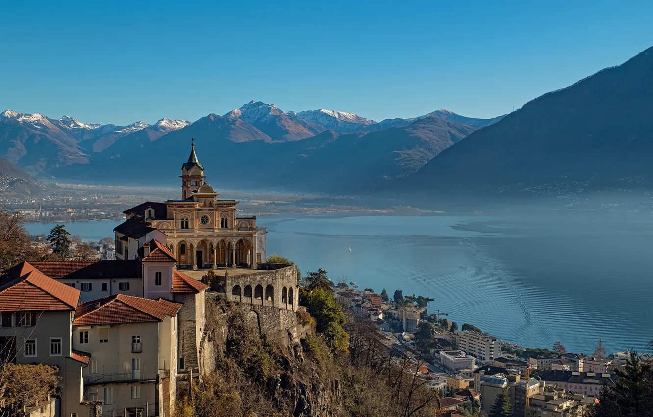 Photo wallpaper mountains, lake, home, Switzerland, Alps, Church, the monastery, Switzerland