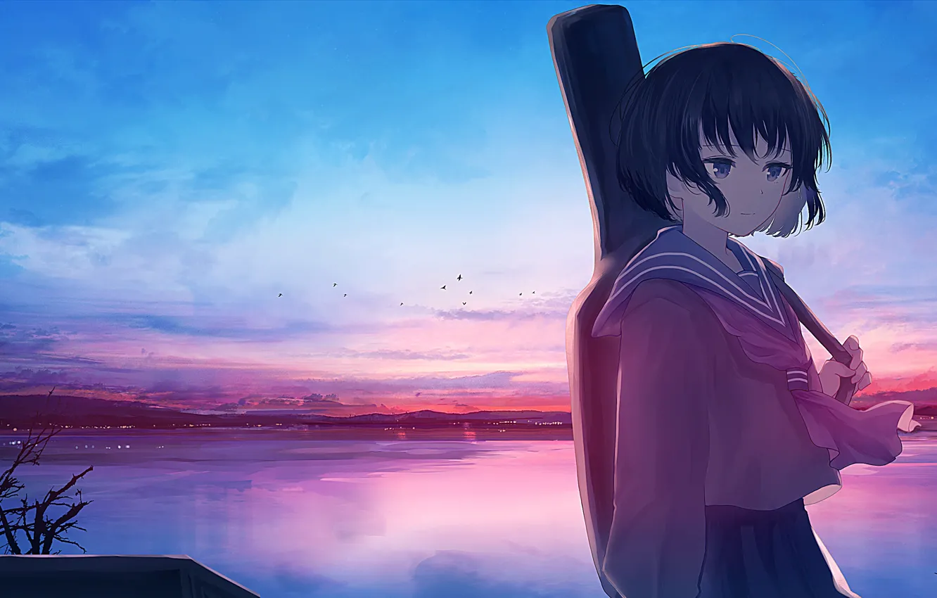 Photo wallpaper the sky, water, sunset, guitar, schoolgirl, mfua. RU