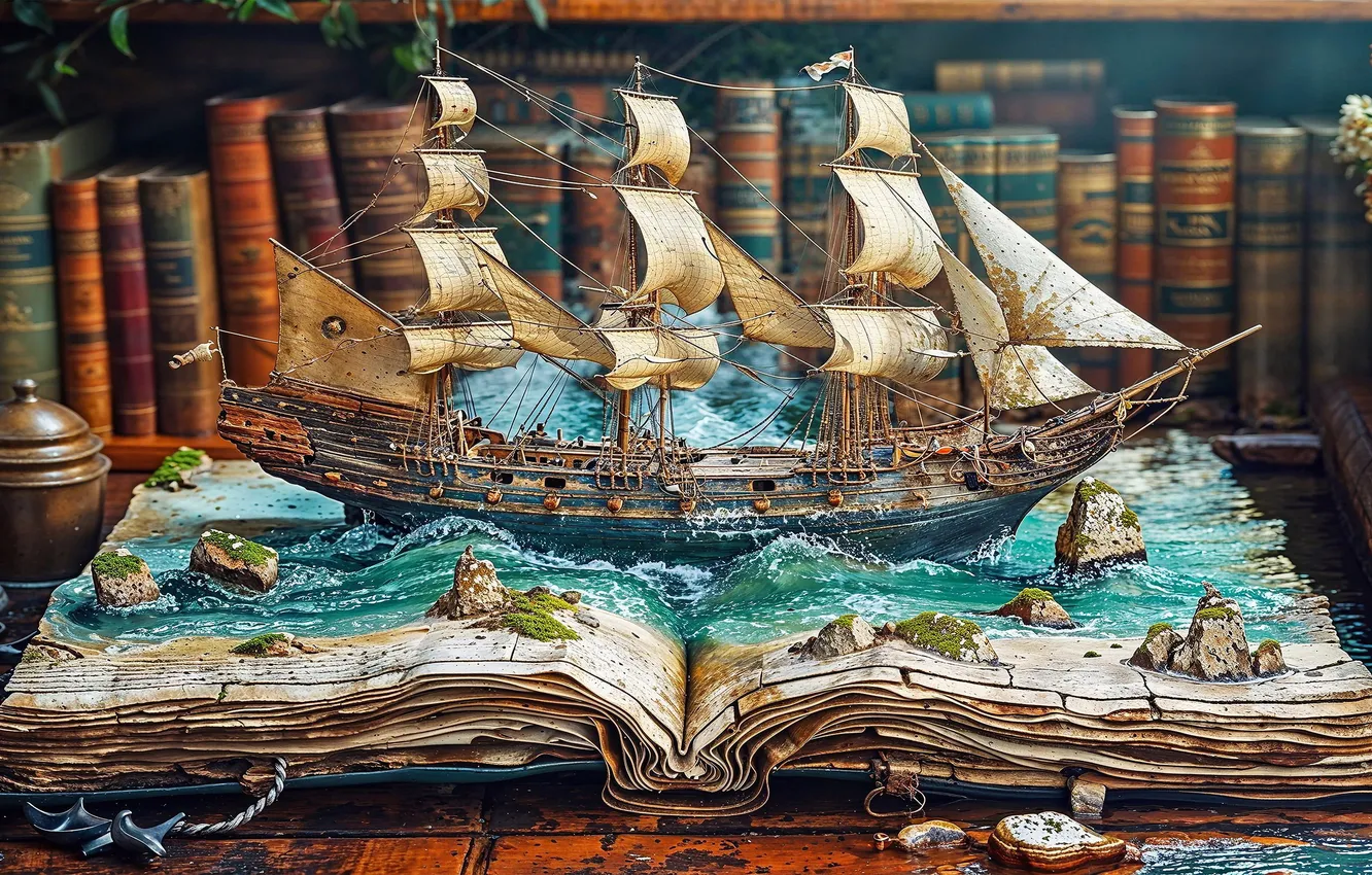 Photo wallpaper sea, ship, sailboat, book, library