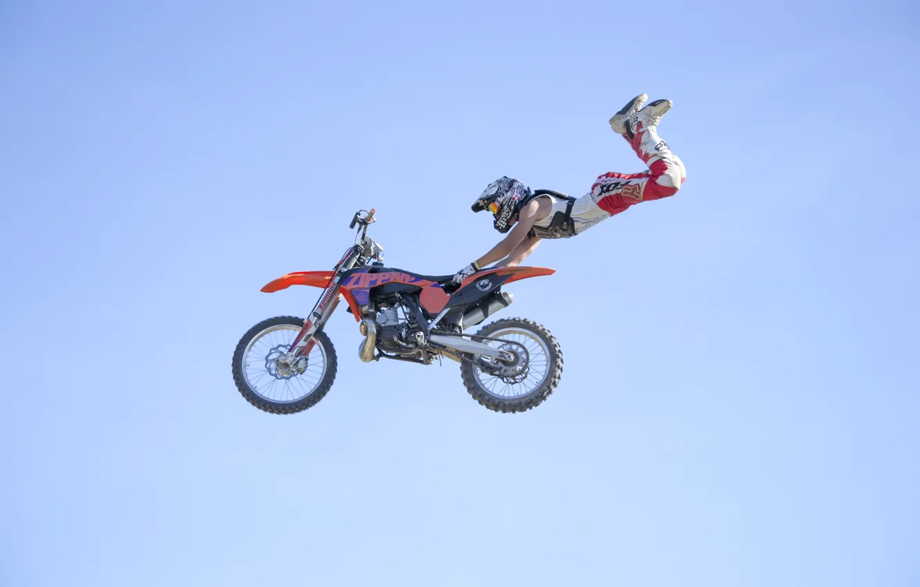 Photo wallpaper the sky, maneuver, rider, motocross, freestyle, FMX, extreme sports, Superman Double Seat Grab