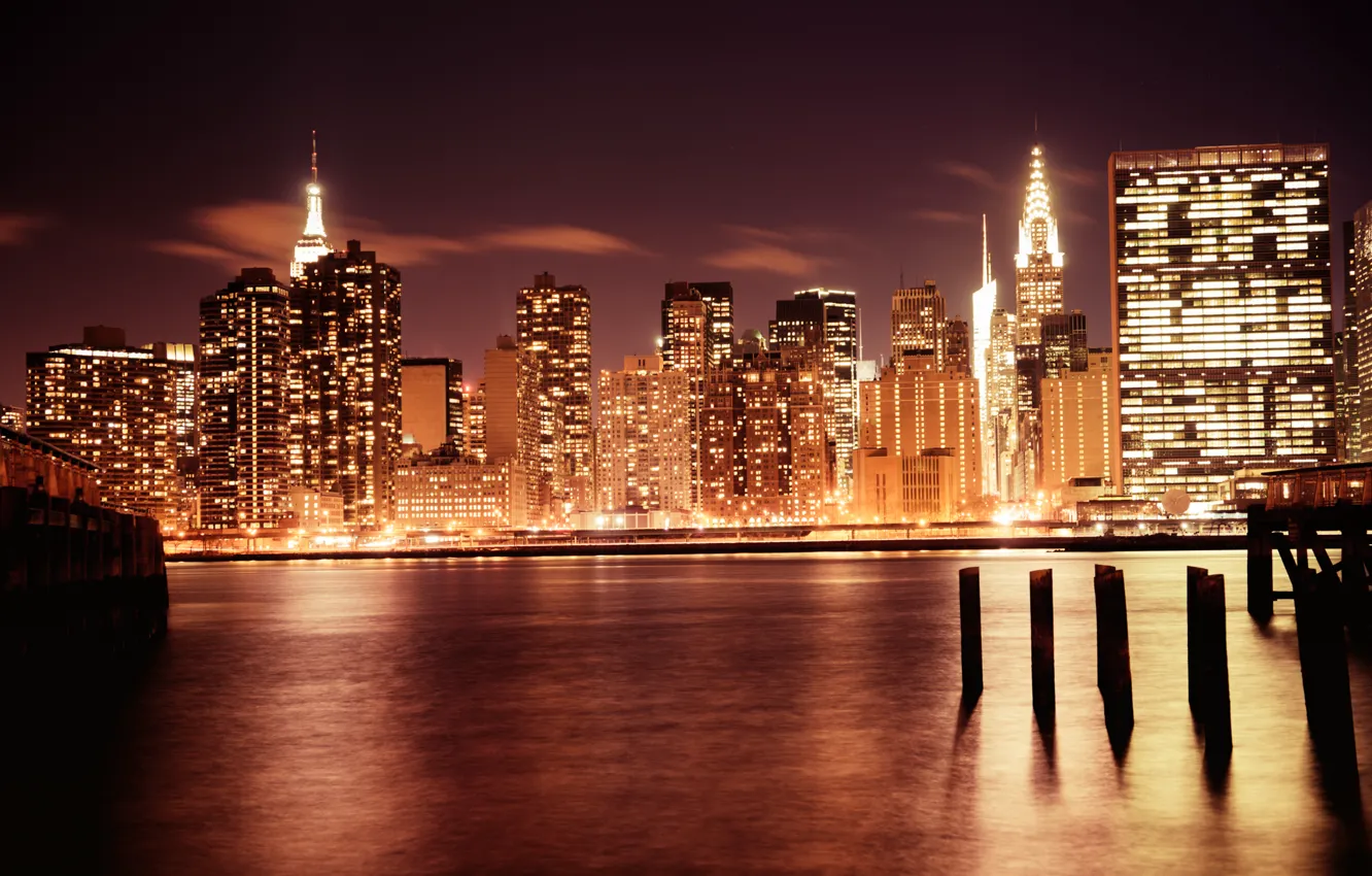 Photo wallpaper light, the city, lights, river, building, home, New York, skyscrapers