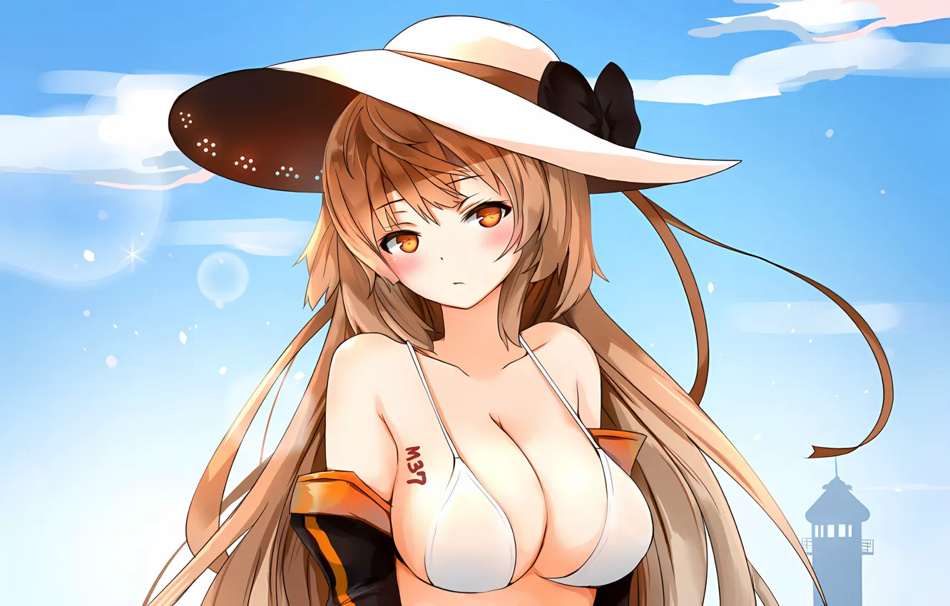 Photo wallpaper girl, sexy, cleavage, sky, long hair, hat, boobs, anime