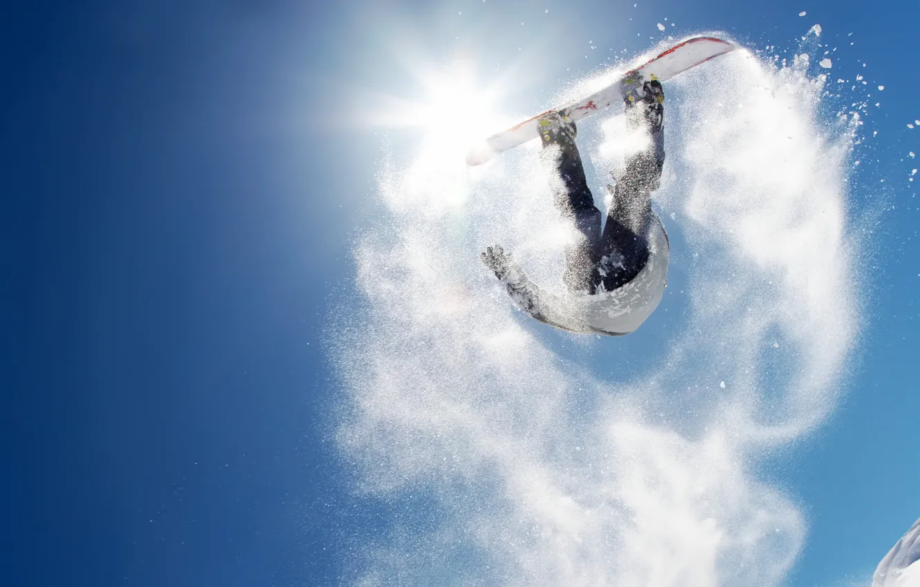 Photo wallpaper the sun, snow, mountains, jump, snowboard