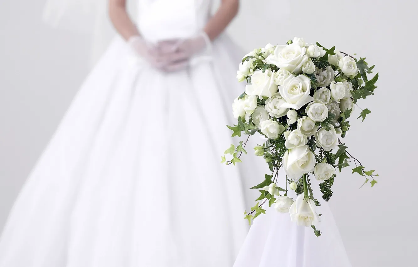 Photo wallpaper white, mood, roses, bouquet, dress, wedding