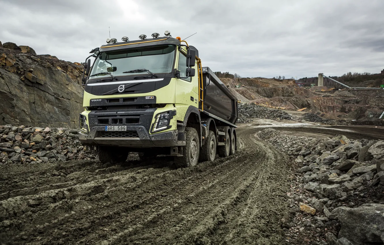 Photo wallpaper road, stones, dust, Volvo, truck, Volvo, 2013, quarry