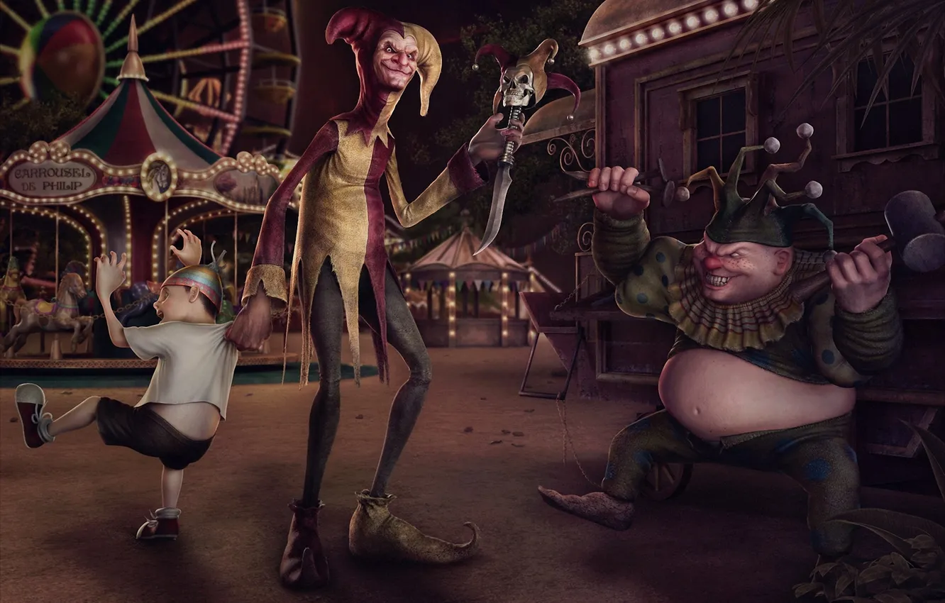 Photo wallpaper weapons, danger, skull, boy, hammer, clown, art, knife