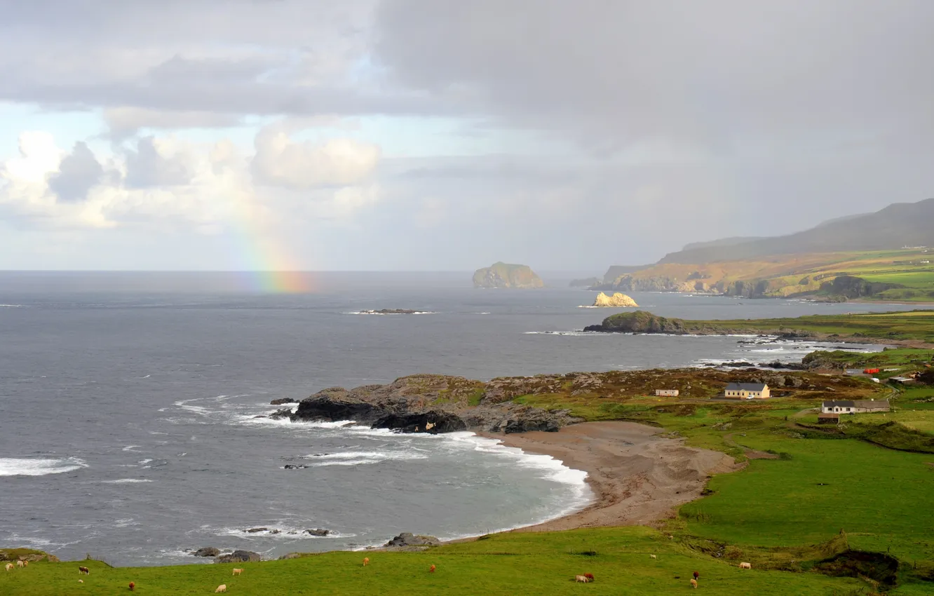 Photo wallpaper sea, the sky, landscape, mountains, Wallpaper, shore, home, rainbow