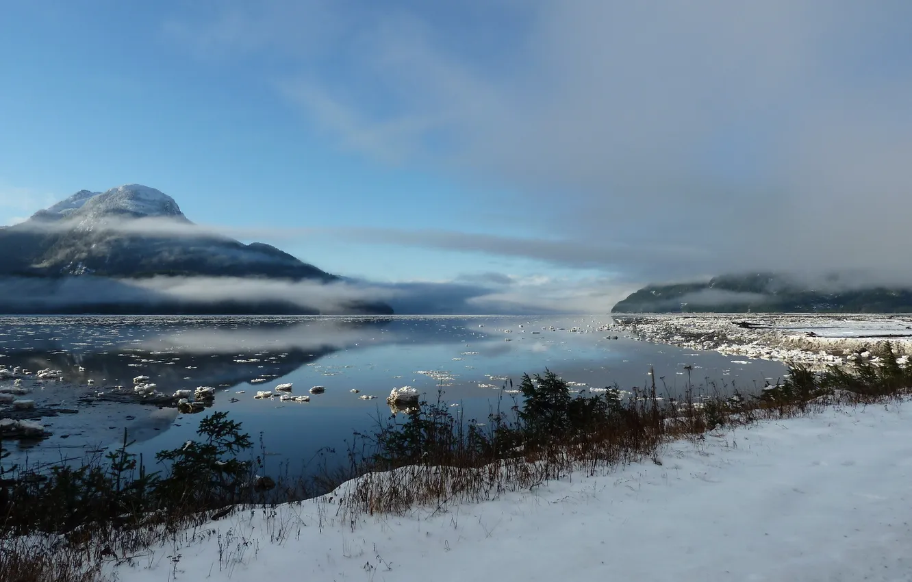 Photo wallpaper winter, snow, mountains, river