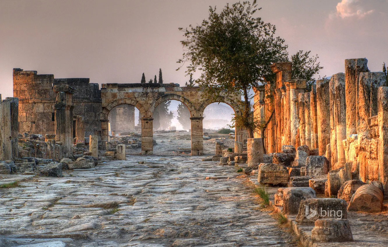 Photo wallpaper road, trees, the ruins, arch, columns, ruins, bridge, Turkey