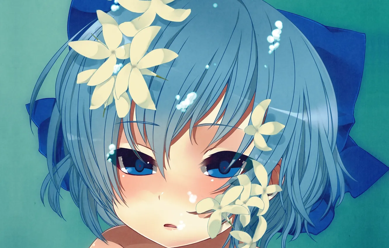 Photo wallpaper face, under water, blue hair, Cirno, Touhou Project, Project East, white flowers, ice fairy