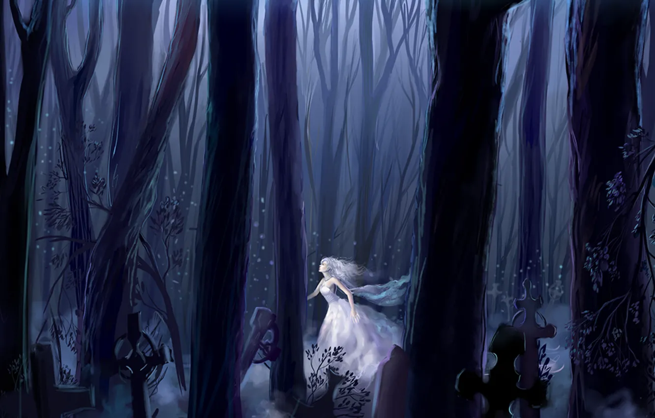 Photo wallpaper forest, girl, snow, night, cross, white dress, runs