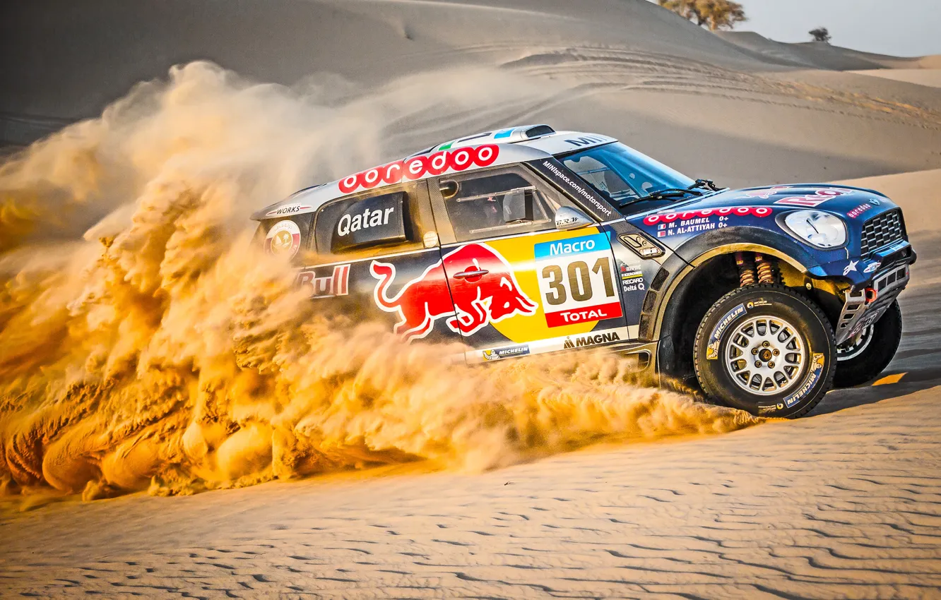 Photo wallpaper sand, hills, race, sport, speed, Mini, dust, dunes