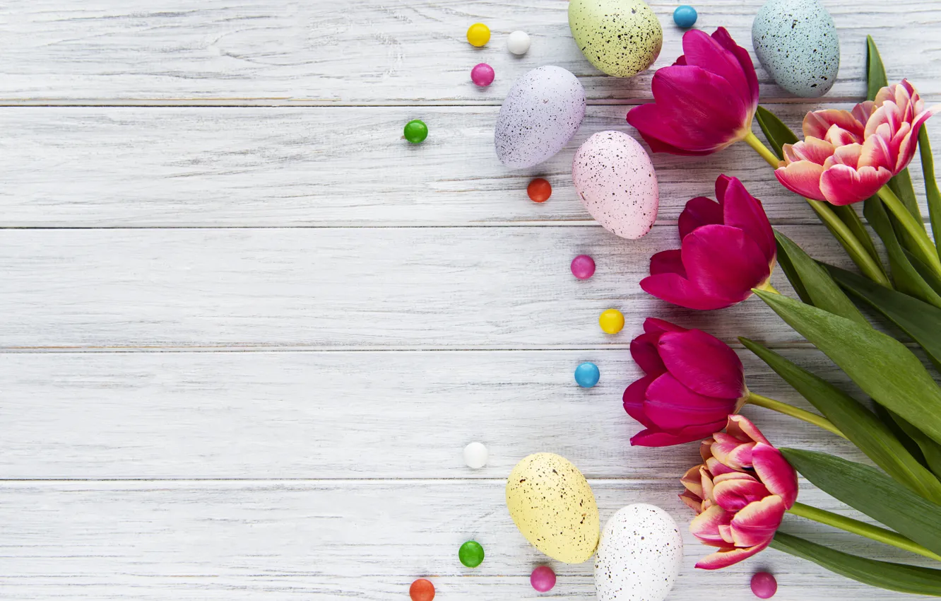 Photo wallpaper flowers, eggs, spring, colorful, Easter, tulips, wood, pink