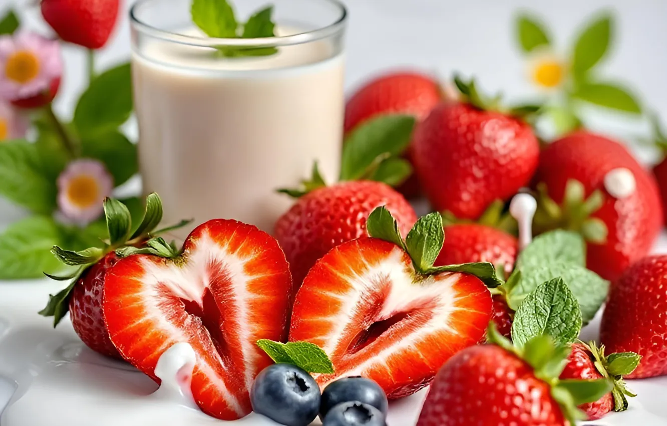 Photo wallpaper glass, berries, milk, blueberries, strawberry, light background, AI art, neural network