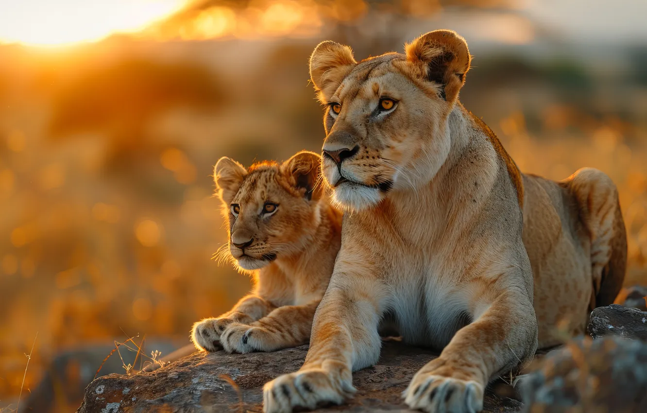 Photo wallpaper look, Leo, cub, kitty, two, lioness, big cats, digital art