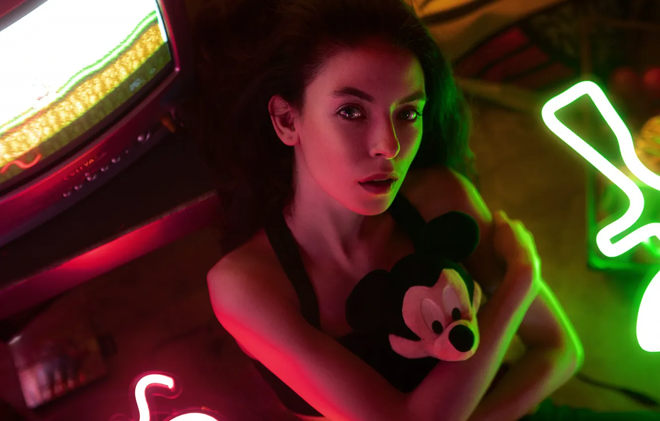 Photo wallpaper girl, photo, photographer, model, neon, brunette, teddy bear, Mickey Mouse