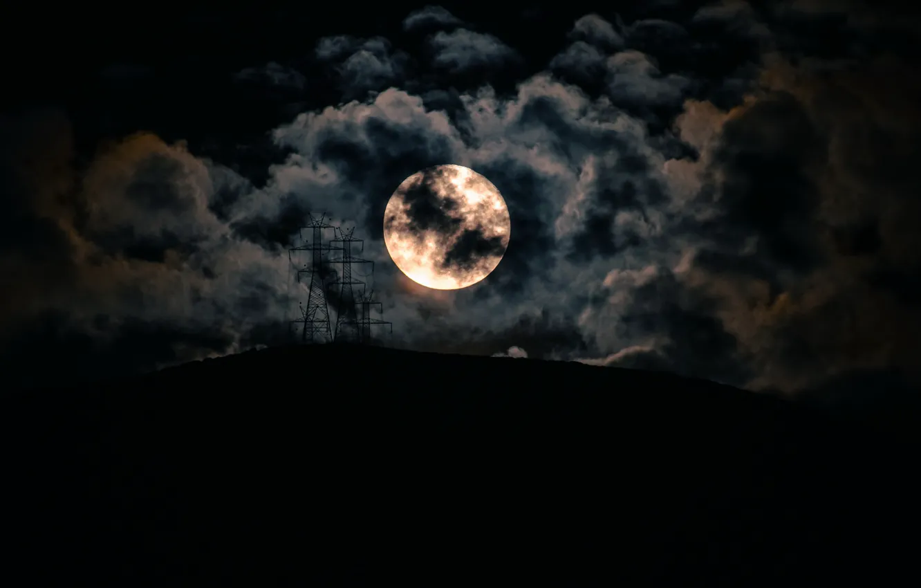 Photo wallpaper night, the moon, power lines