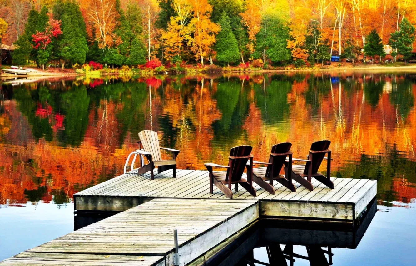Photo wallpaper autumn, leaves, trees, orange, yellow, red, green, lake