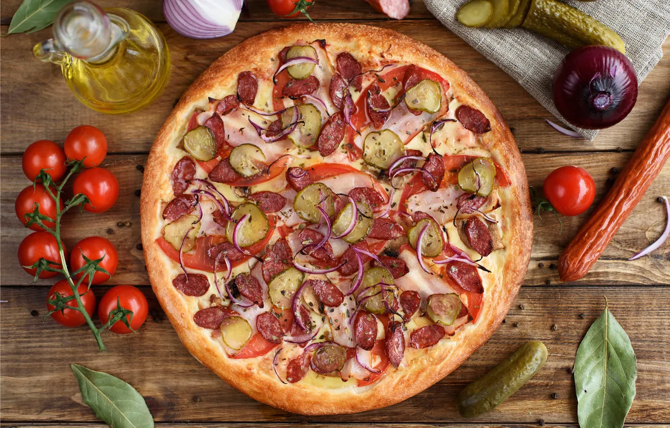 Photo wallpaper oil, bow, pizza, tomatoes, sausage, cucumbers