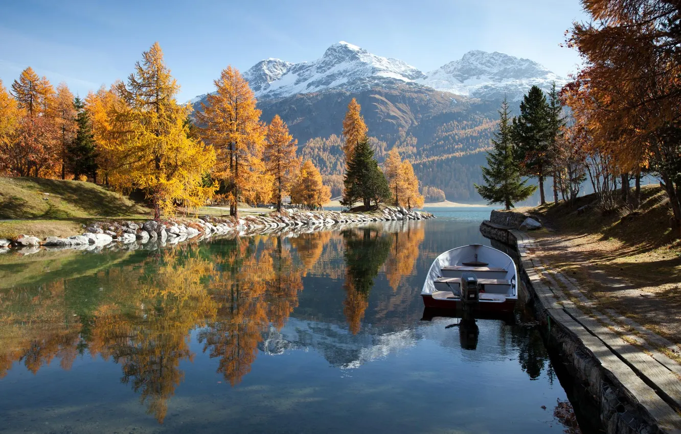 Photo wallpaper autumn, landscape, mountains, nature, river, boat