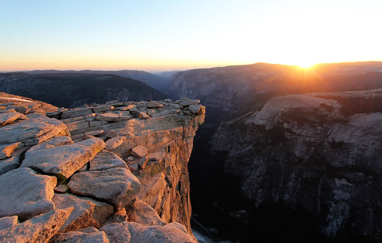 Photo wallpaper the sky, the sun, landscape, sunset, nature, rocks, valley, horizon