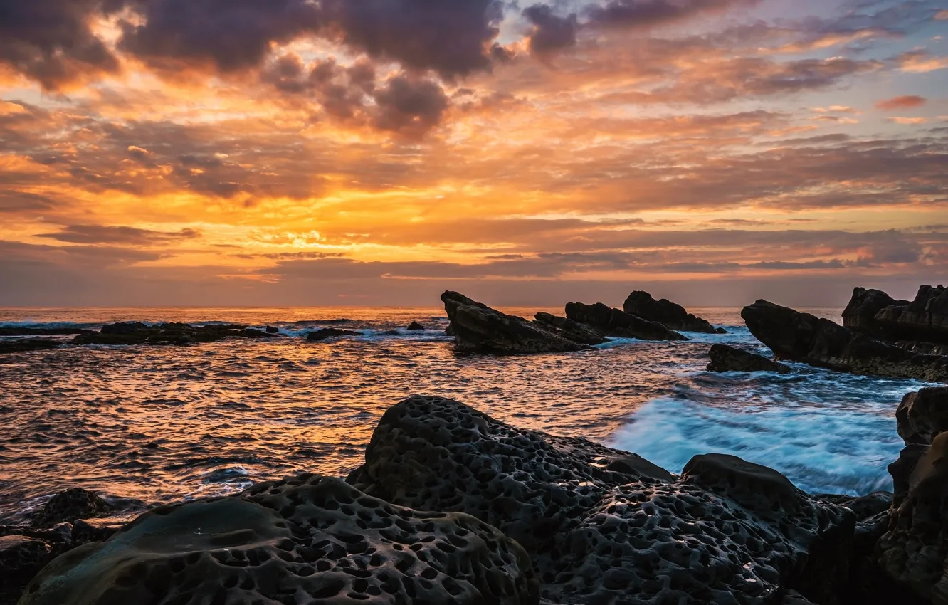 Photo wallpaper sea, wave, clouds, sunset, nature, stones, rocks, shore