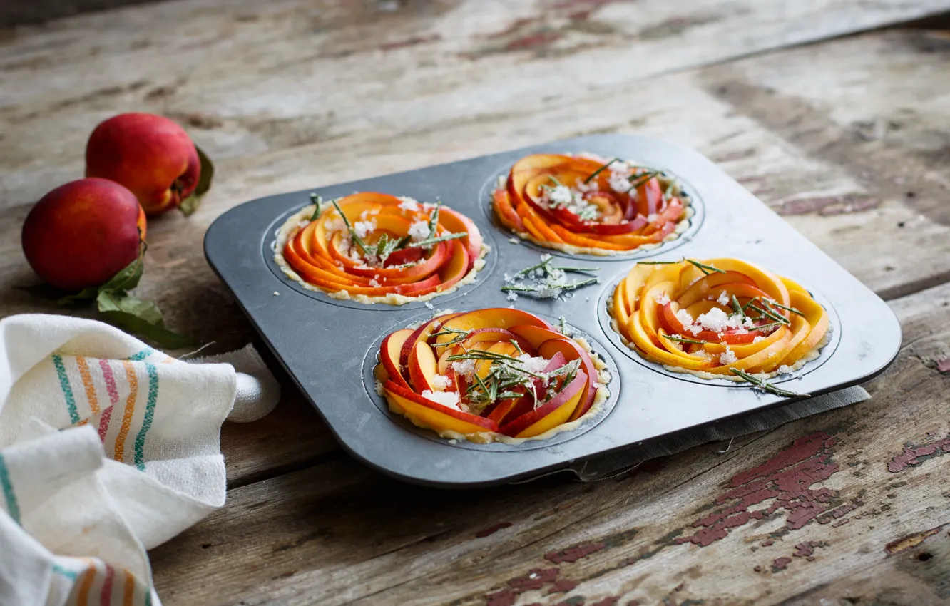 Photo wallpaper sugar, fruit, peaches, dessert, tartlets