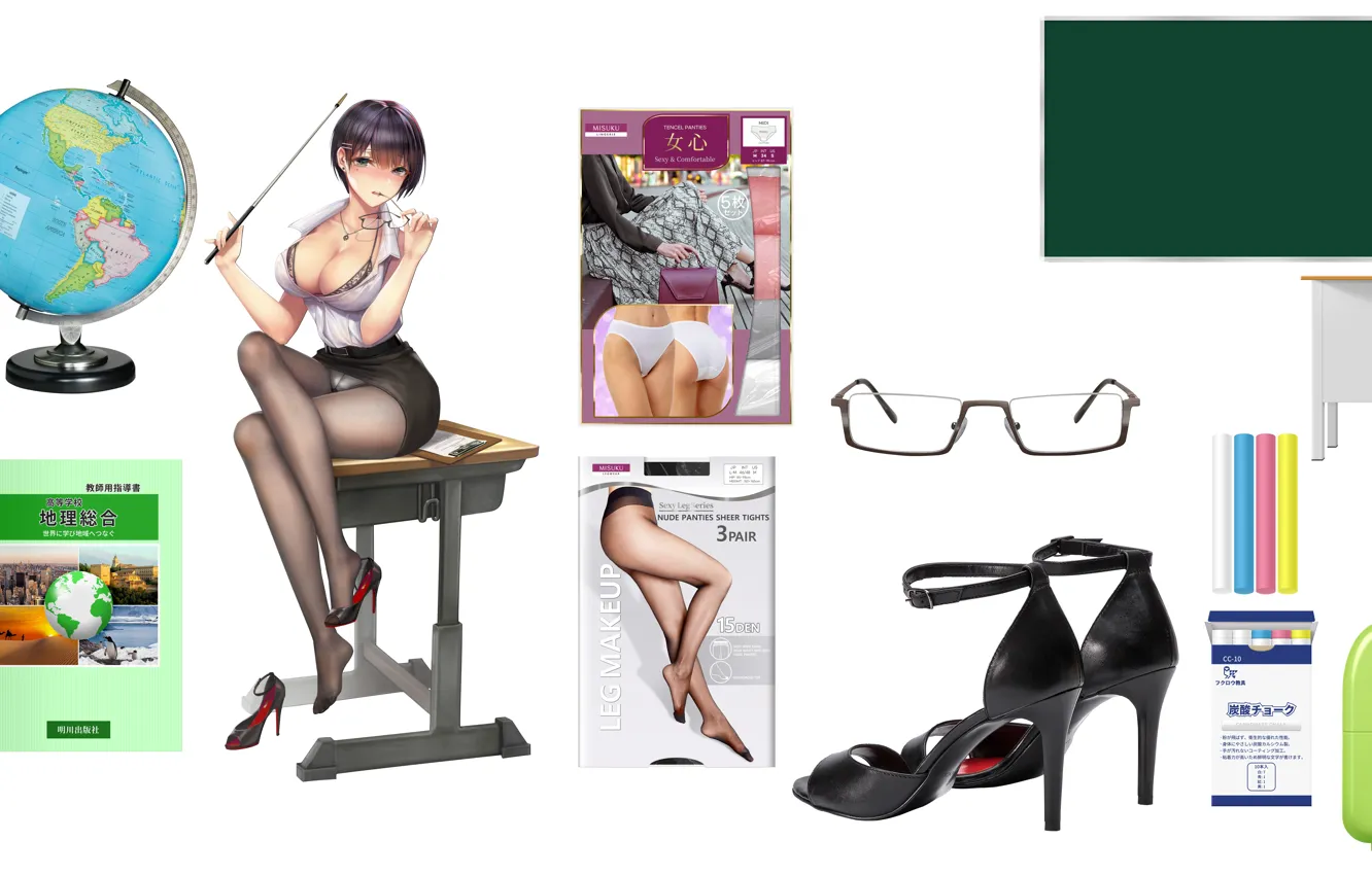 Photo wallpaper panties, glasses, chalk, chalkboard, pantyhose, teacher, globe, eraser