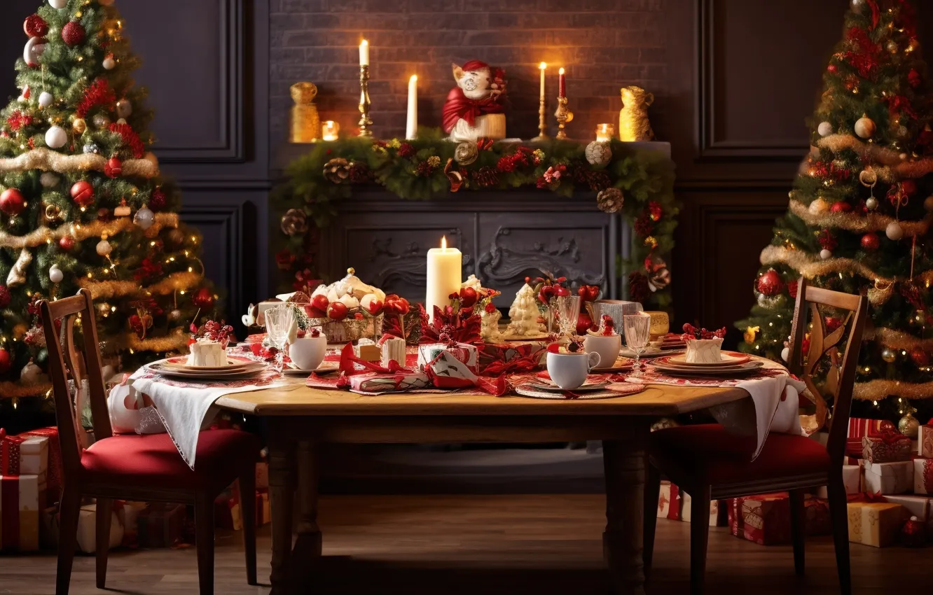 Photo wallpaper decoration, table, room, balls, tree, interior, New Year, Christmas