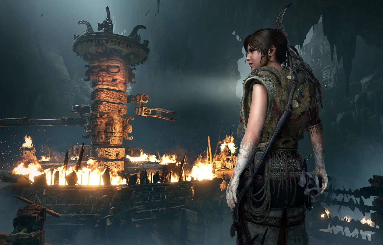 Photo wallpaper fire, hair, Tomb Raider, Lara Croft, traps, Shadow of the Tomb Raider, grobnica