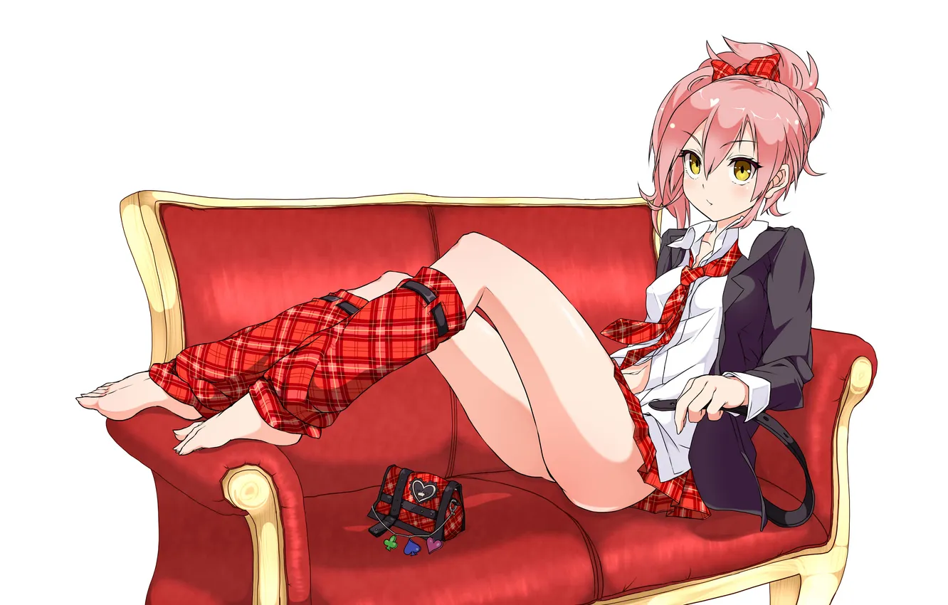 Photo wallpaper girl, sexy, school uniform, pink hair, legs, anime, beautiful, barefoot