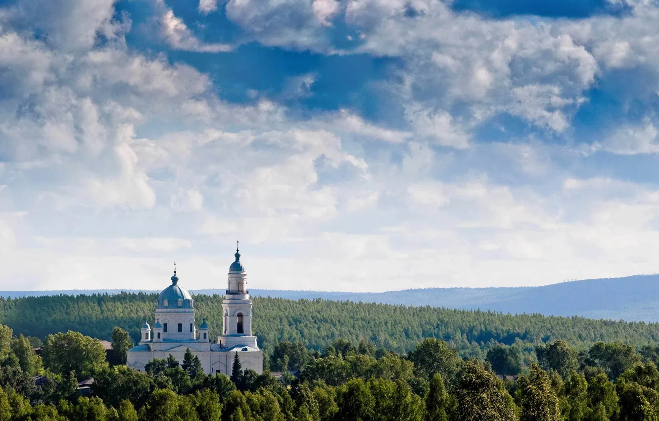 Photo wallpaper forest, the sky, clouds, landscape, the city, Wallpaper, Church, wallpaper