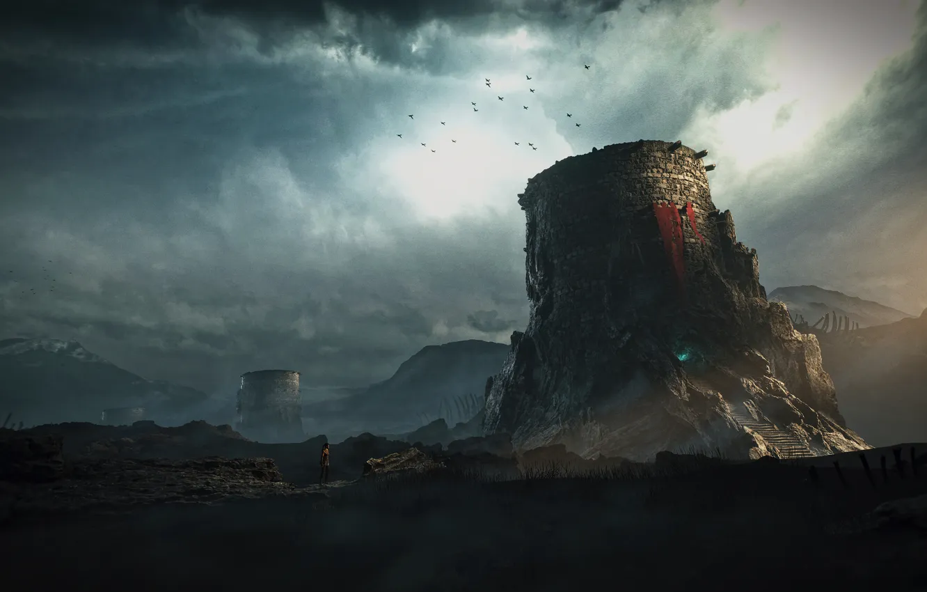 Photo wallpaper the sky, tower, mountains, 3d art, Town, Karim Yasser, Dark Ages
