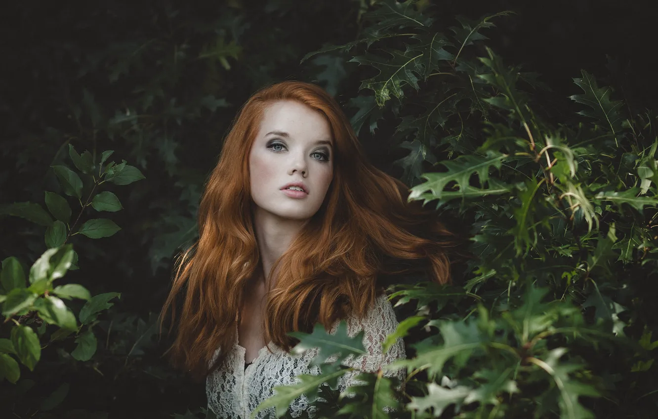 Photo wallpaper look, leaves, girl, branches, nature, makeup, red