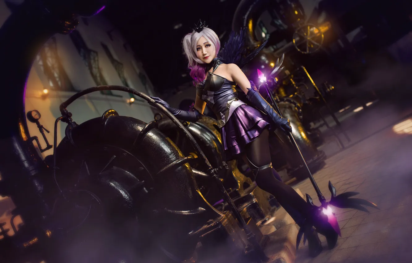 Photo wallpaper purple, look, girl, lights, pose, style, weapons, background