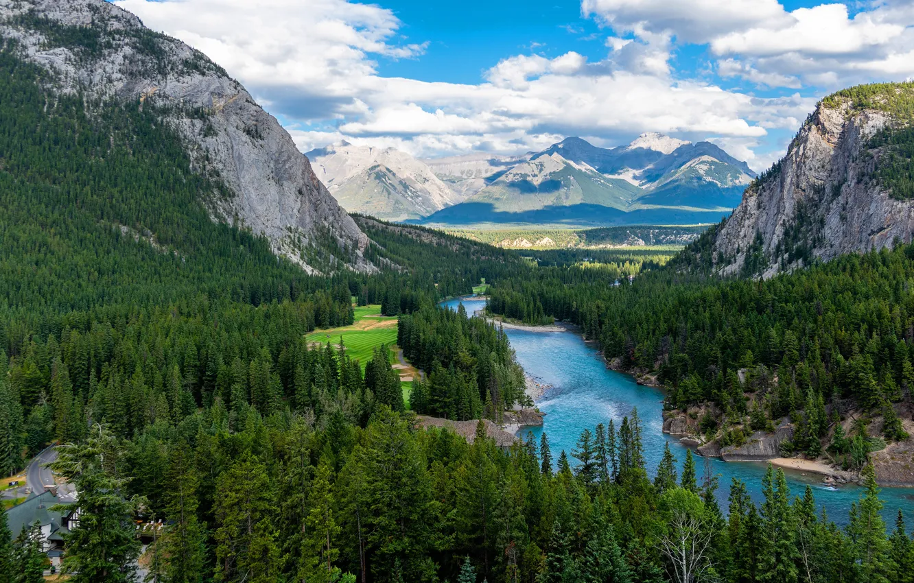 Photo wallpaper forest, mountains, river, shore, view, ate, slope, pond