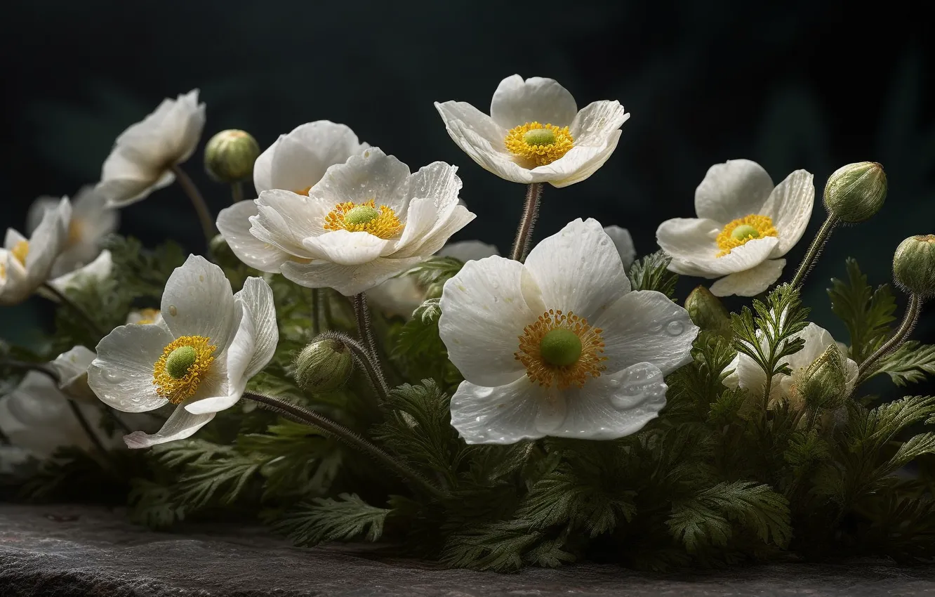 Photo wallpaper flowers, the dark background, spring, white, anemones, anemone, AI art, neural network