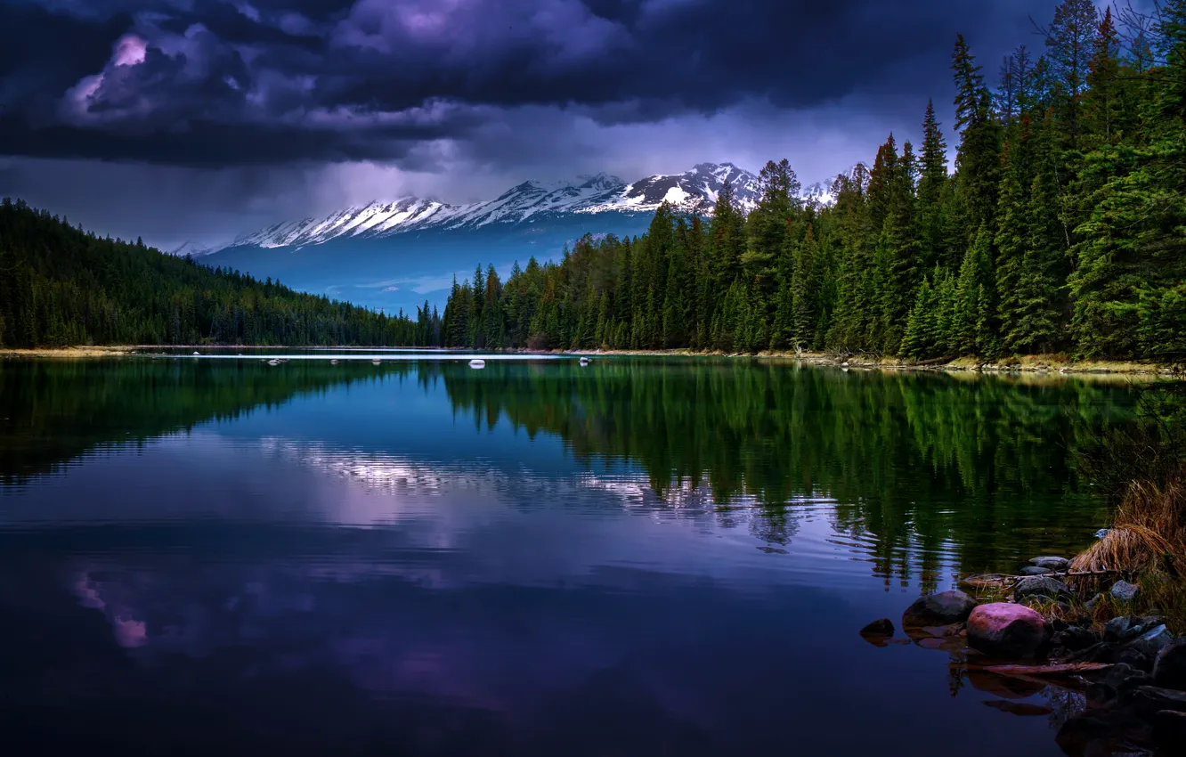 Photo wallpaper forest, clouds, trees, mountains, lake, Canada, Alberta, Jasper National Park