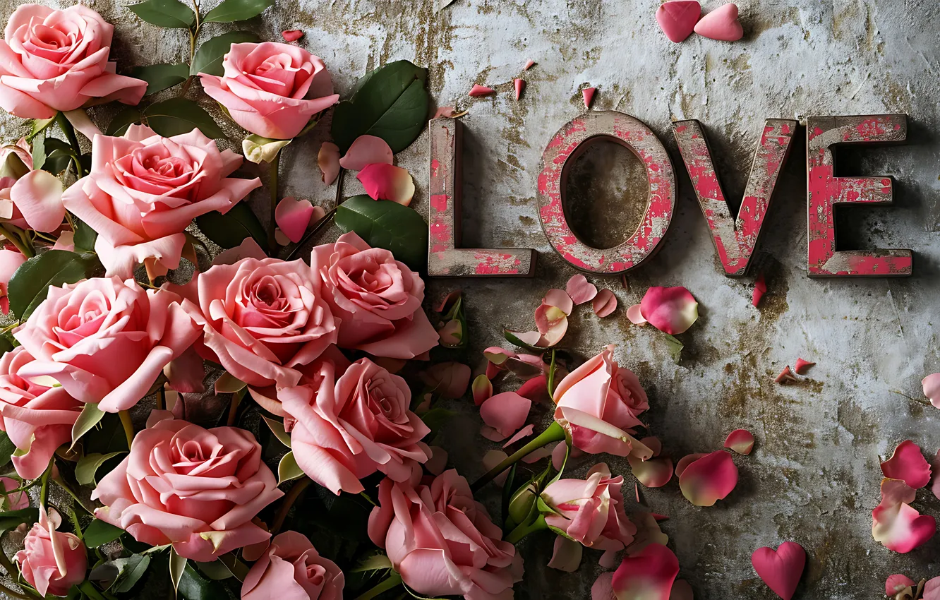 Photo wallpaper love, flowers, romance, heart, roses, love, Valentine's day, pink