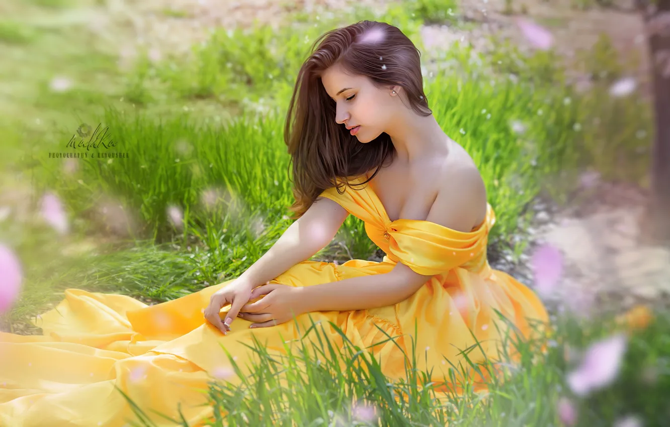 Photo wallpaper grass, look, girl, pose, hair, dress, Malika Drobot
