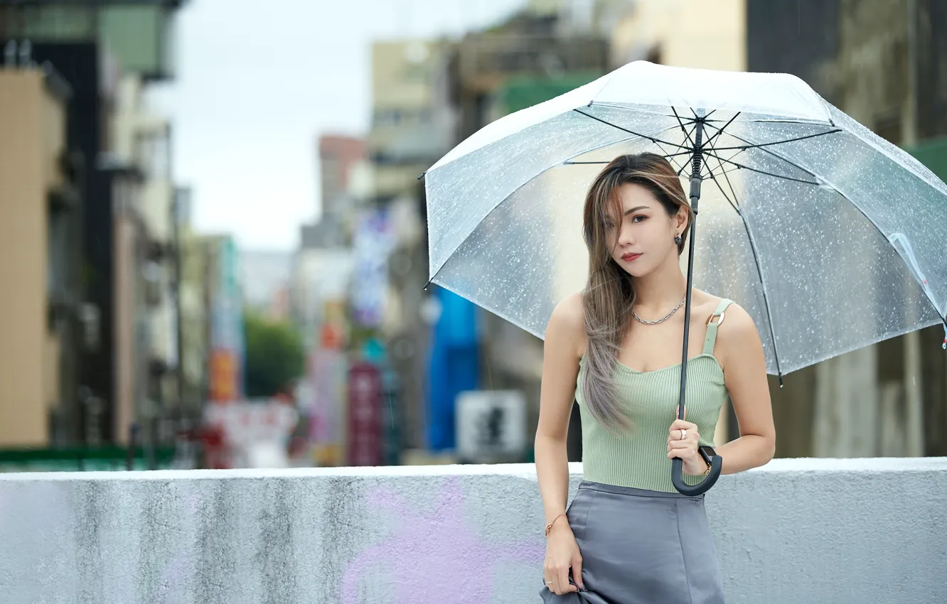 Photo wallpaper look, the city, pose, rain, model, skirt, portrait, umbrella