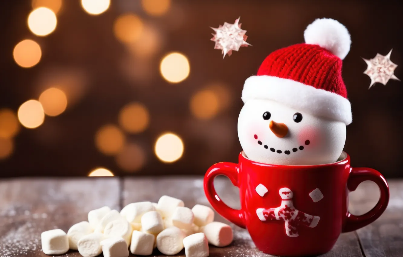 Photo wallpaper red, lights, table, Board, new year, Christmas, mug, Cup